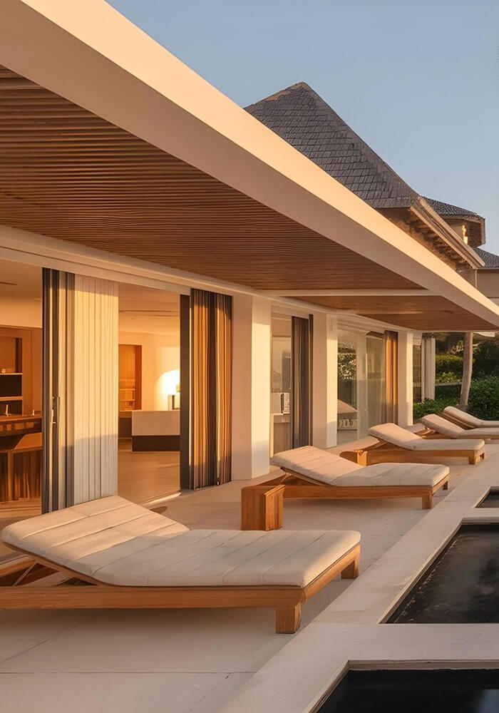 Warmly lit contemporary interior with timber detailing